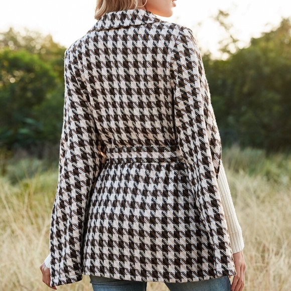 Houndstooth Pattern Belted Tweed glam Cape  Coat - Picture 13 of 15